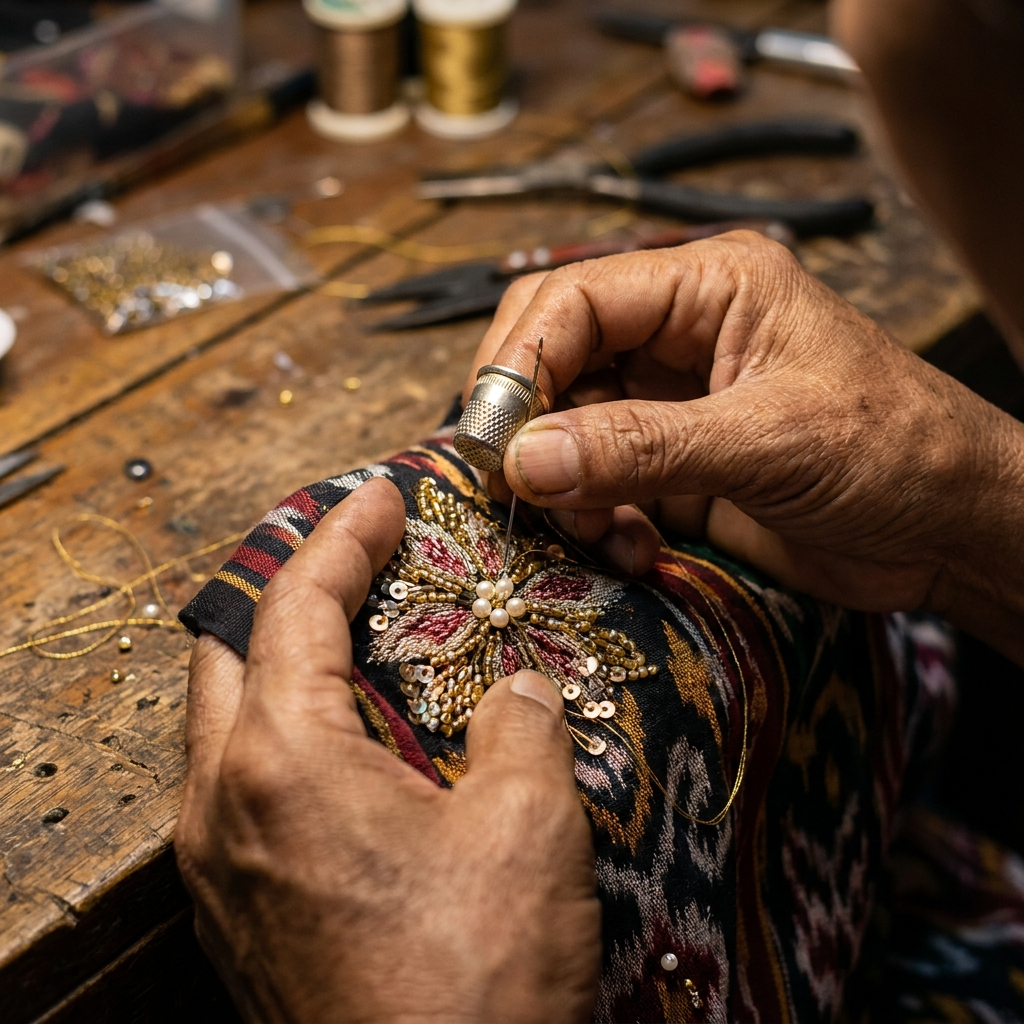 macro close up shot of a skilled artisan s hands carefully sewing intricate