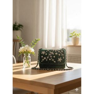 Home Clutch mungil tabur warna hijau tua dengan bordir bunga dan manik-manik tali rantai Za'Nis Bag