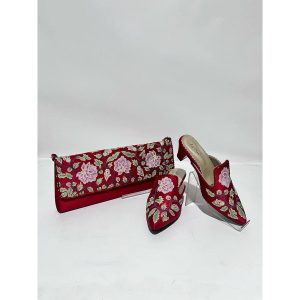 Home Set tas clutch panjang dan sepatu selop mules pesta bordir bunga warna merah Za'Nis Bag