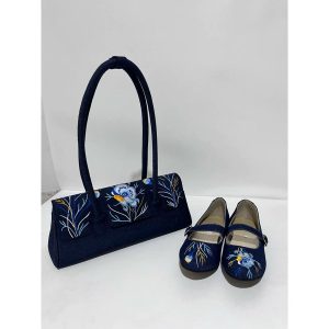 Home Set tas panjang bahu dan sepatu flat wanita bahan jeans denim dengan bordir manual bunga Za'Nis Bag